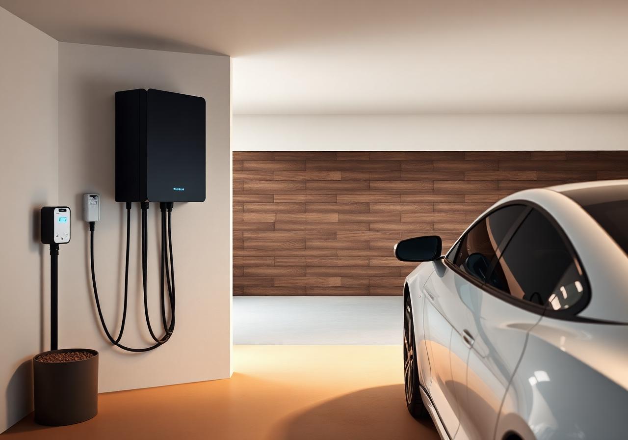 Home battery storage system next to electric vehicle charging