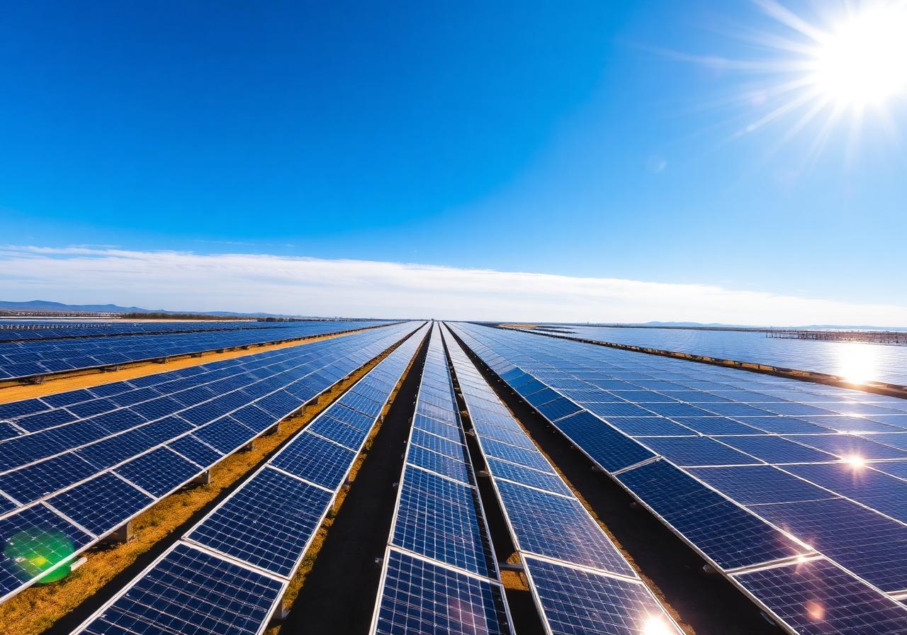 Large commercial solar farm with panels stretching to horizon