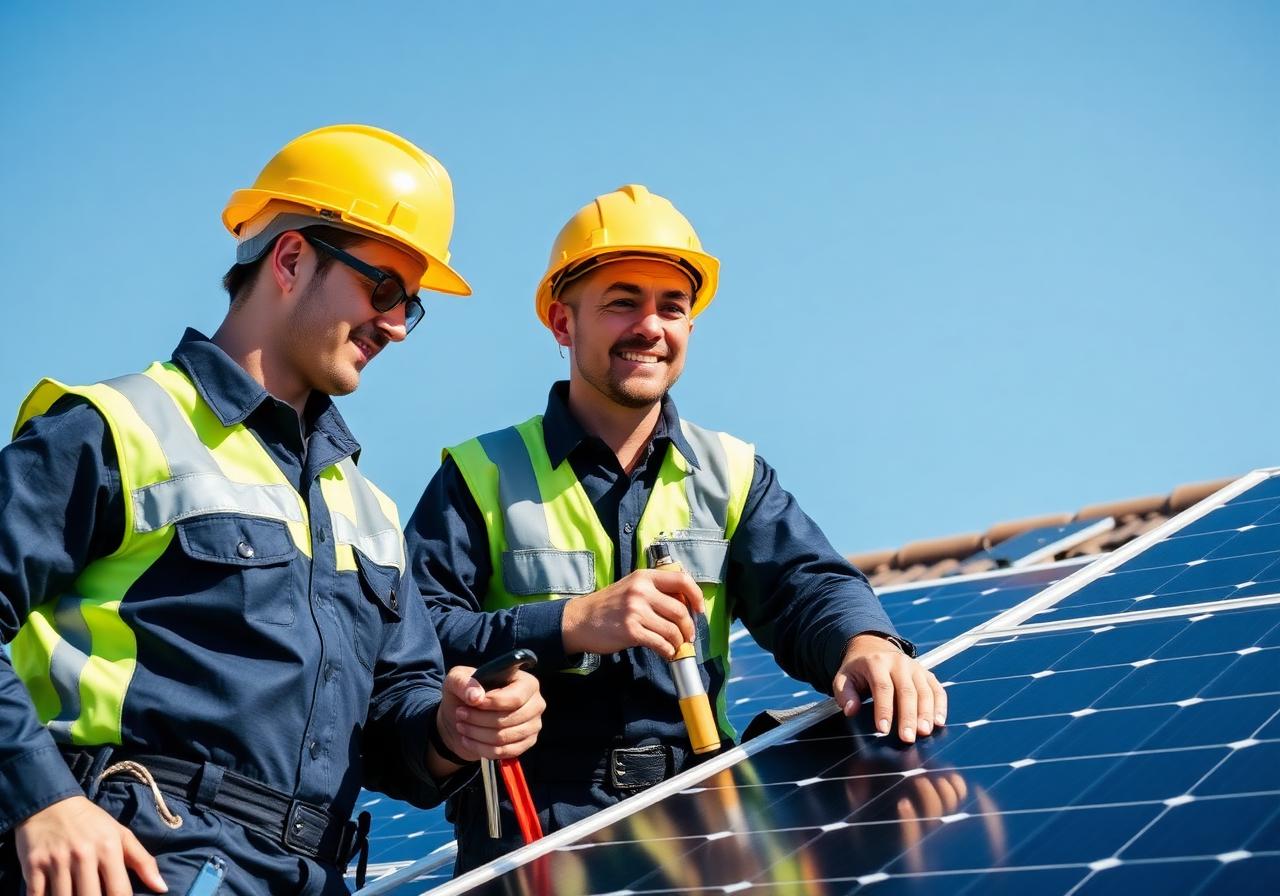 Engineers installing solar panels on rooftop